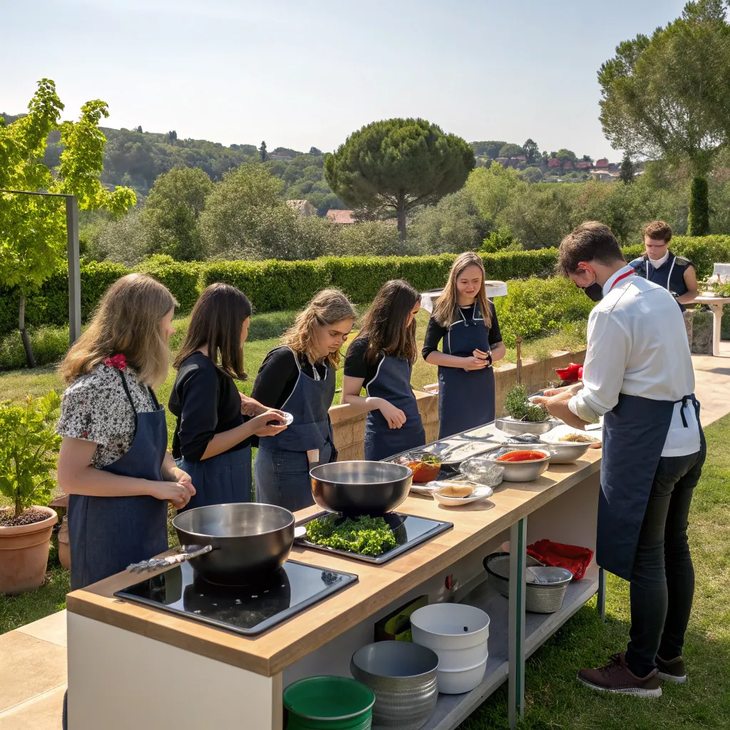 Students at an outdoor cooking class